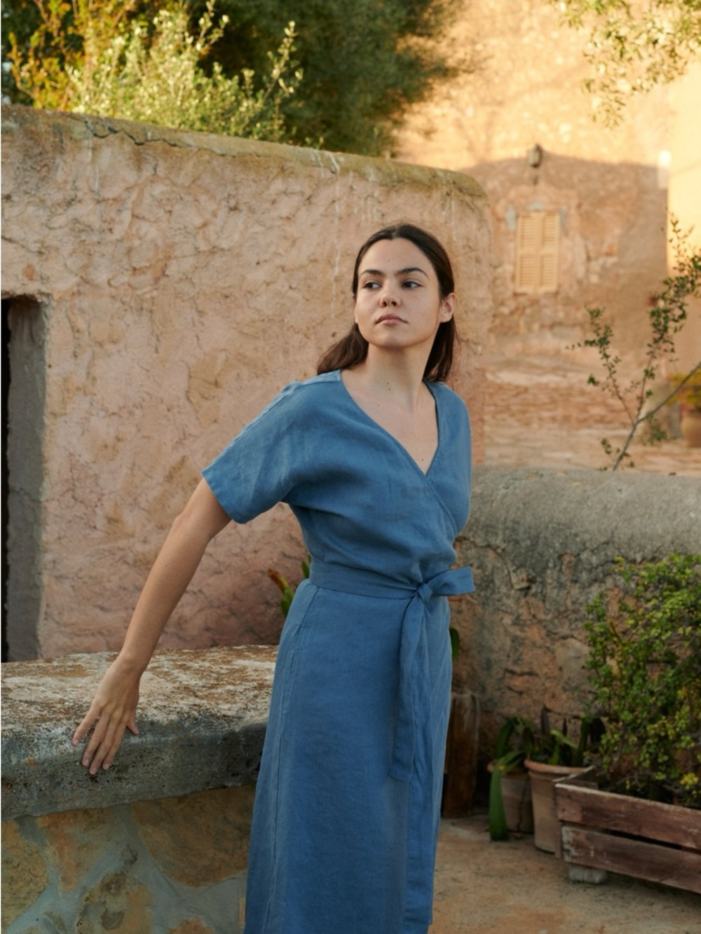 Linenfox Blue Linen Wrap Midi Dress